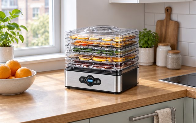Aigostar food dehydrator, on a small worktop in a compact flat kitchen beside a bowl of oranges