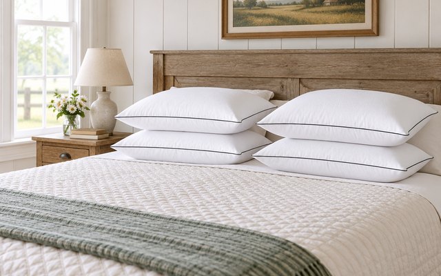 JOLLYVOGUE pillows, two at each side of a bed in a farmhouse-style guest bedroom with a quilt