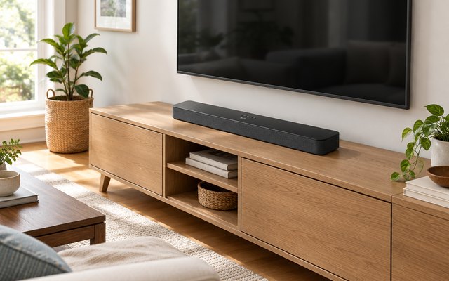 Amazon Fire TV Soundbar Plus, on a TV console under a wall-mounted TV with a dark screen in a bright American family room