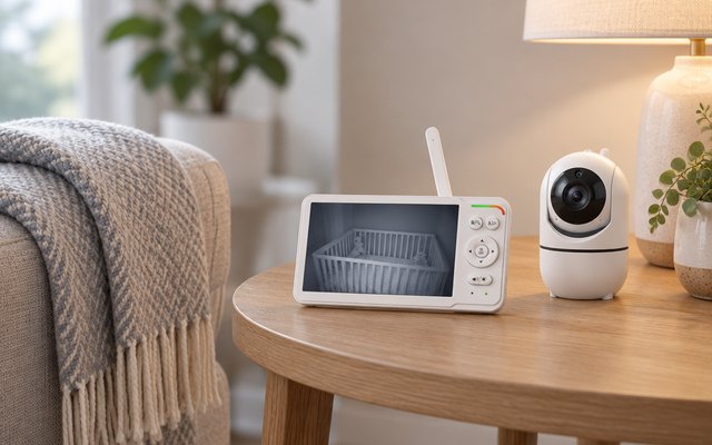 HelloBaby HB6560 baby monitor, on a living room side table beside a folded throw blanket and a lamp