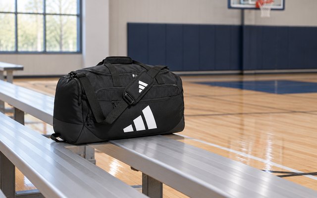 adidas Defender duffel bag, on the bleachers beside an indoor basketball court
