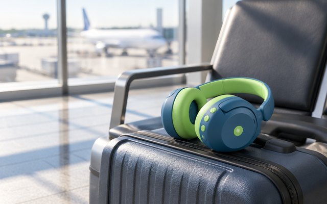 iClever BTH20 kids headphones, resting on a carry-on bag on a seat in a sunny airport lounge