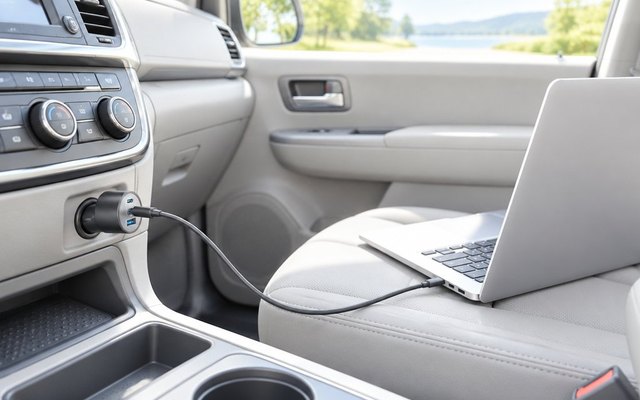 Car charger in a minivan’s console socket, its cable running to a laptop on the passenger seat