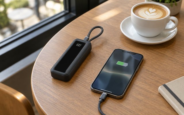 Anker power bank with built-in looped cable, charging a phone on a café table by a window