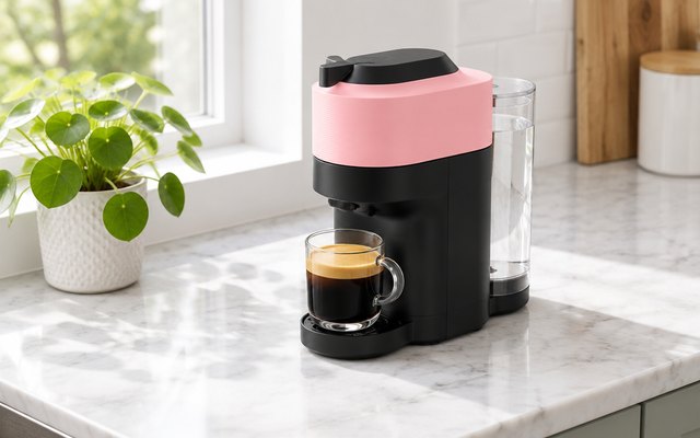 Pink capsule coffee machine with an espresso on a marble counter