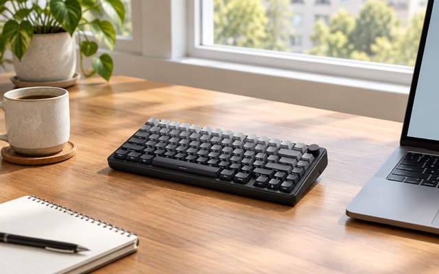 AJAZZ X85 keyboard, on a wooden desk in a home office beside a mug and a notebook, a window behind