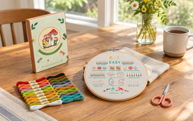 CYANFOUR embroidery kit, on a wooden dining table by a window, a small pair of scissors beside it