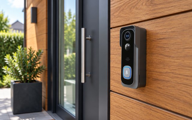 BOIFUN 2K Battery Video Doorbell with Chime, mounted by the door of a modern house with a wooden facade