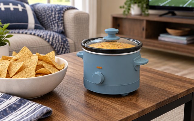 bella 1.5-quart slow cooker, on a coffee table in a living room on game day beside a bowl of tortilla chips