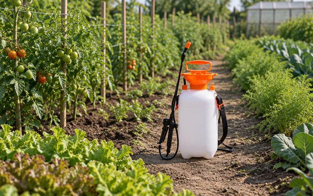 PetraTools HD201 sprayer, standing at the end of long vegetable garden rows