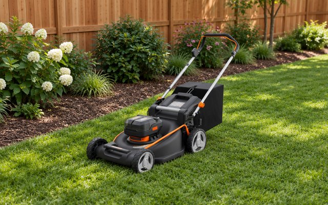 WORX Nitro 40V push mower, on thick green grass beside a mulched flower bed and a cedar privacy fence