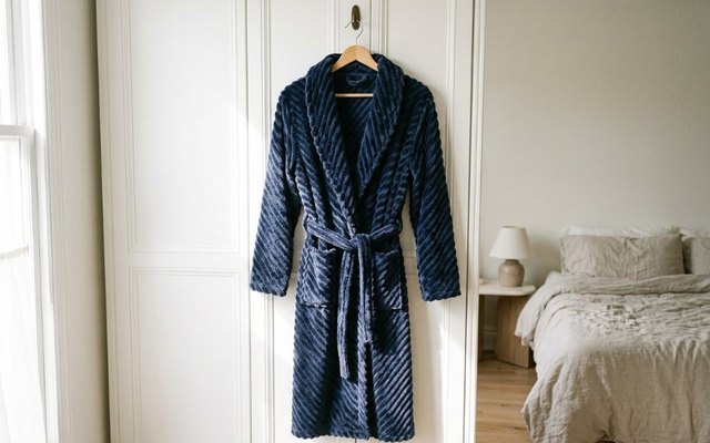 Navy ribbed fleece robe on a wooden hanger on a white wardrobe door