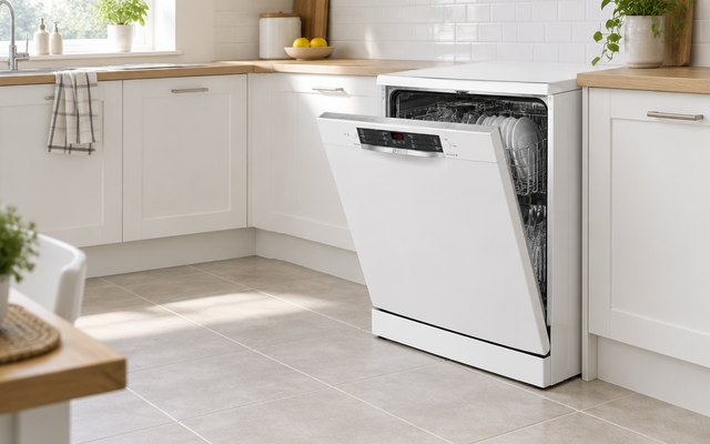 Bosch Series 2 dishwasher, with its door half open in a white British kitchen with a tiled floor, a rack of clean plates