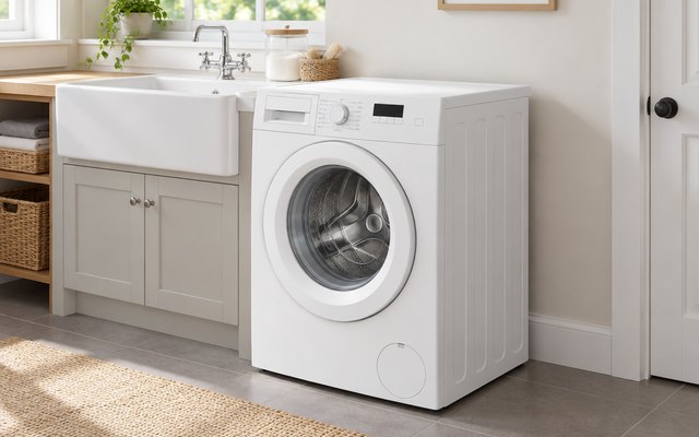 Bosch Series 2 washing machine, in a utility room beside a white Belfast sink