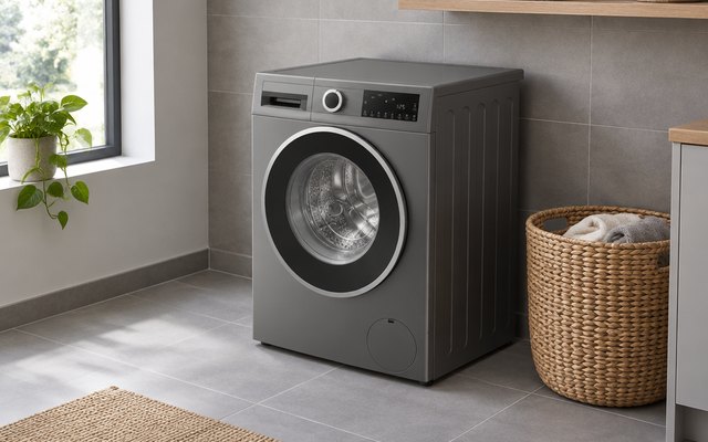 Bosch Series 6 washer dryer, in a utility room with grey tiles and a wicker laundry basket beside it