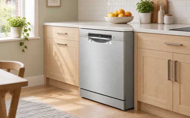 Bosch Series 4 dishwasher, freestanding between oak base units in a bright kitchen