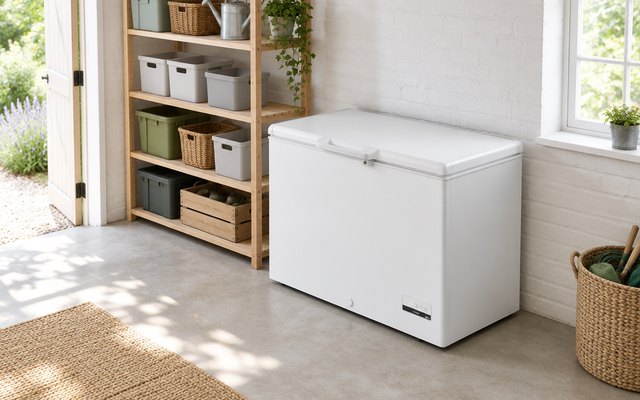 Haier 300L chest freezer, in a spacious whitewashed garden outbuilding, a wooden shelving unit of storage boxes beside it