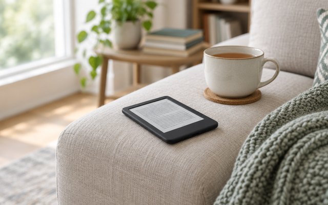 Small black e-reader on a sofa arm beside a cup of tea