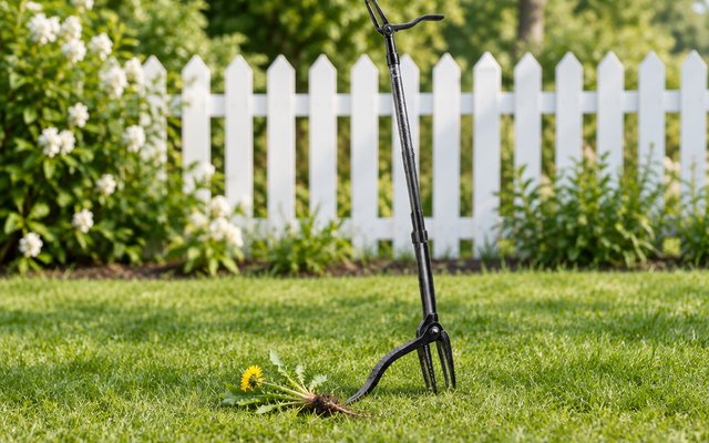 Grampa's Weeder steel weed puller, standing upright in a green front lawn beside a pulled dandelion, a white picket fence behind