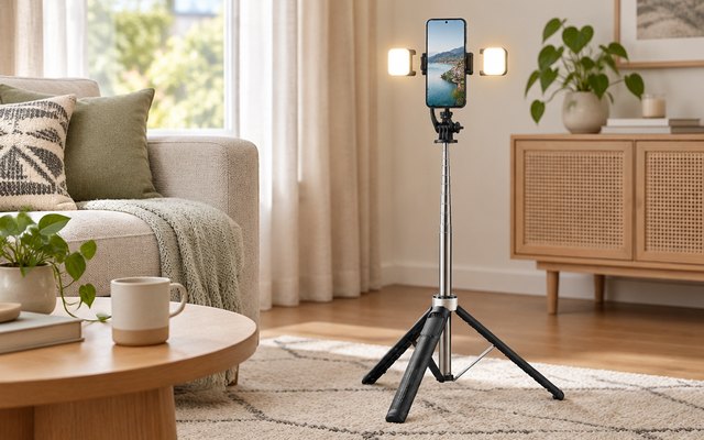 SelfieShow selfie stick tripod, in a cozy living room, its two lights glowing softly