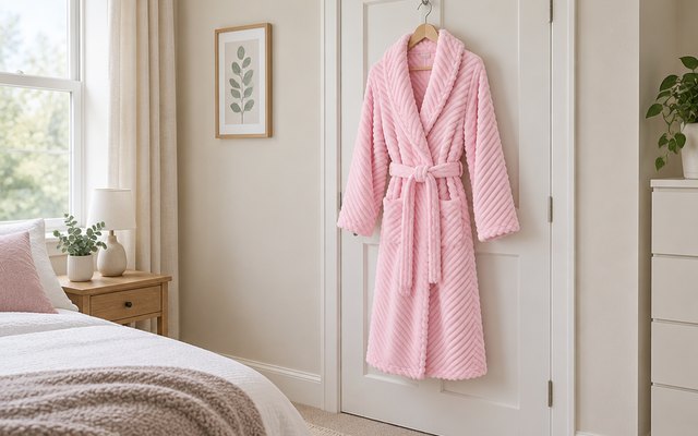 Yurhap striped fleece robe, hanging on a wooden hanger on a bedroom closet door