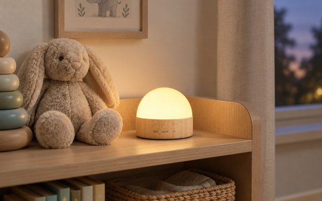 Kintion Portable Rechargeable Night Light, on a shelf in a nursery beside a stuffed rabbit, evening
