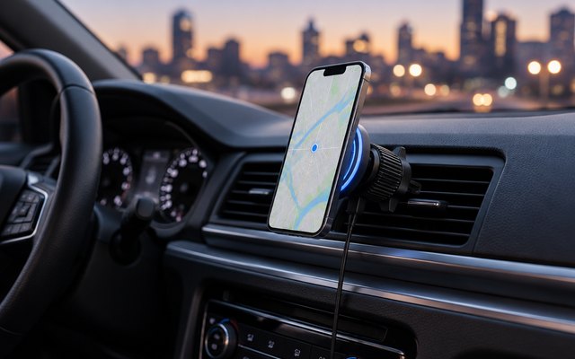 A charging phone mount on a car air vent at dusk