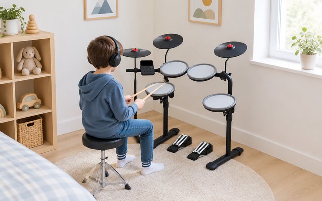 HAMPBACK MK-0 kids’ electronic drum kit in a bright bedroom corner