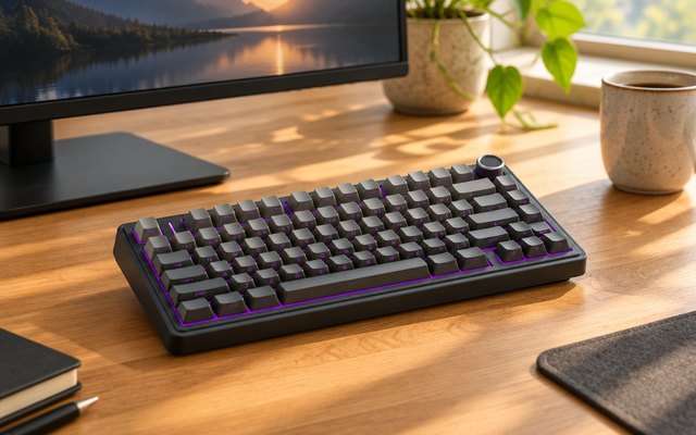 AULA F75 Pro Wireless Mechanical Keyboard, keyboard on a tidy wooden desk with a monitor and a mug, warm window light