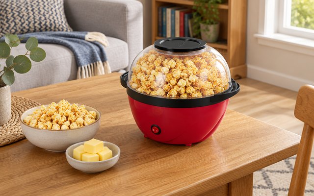 FOHERE stirring popcorn maker, on a dining table in a British family room, fresh popcorn inside it and a dish of butter beside it