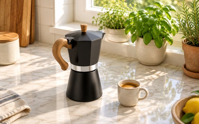 Mongdio black moka pot, black moka pot on a counter by a sunny kitchen window