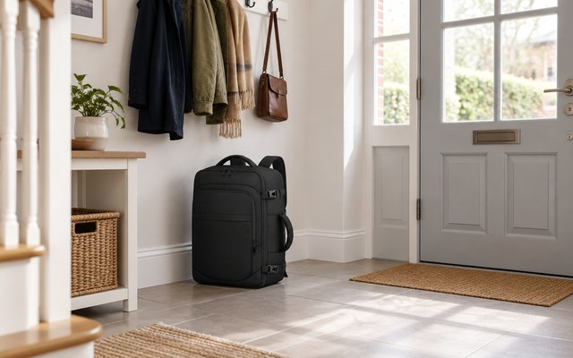 ENZOSUM cabin backpack, standing in a hallway by the front door