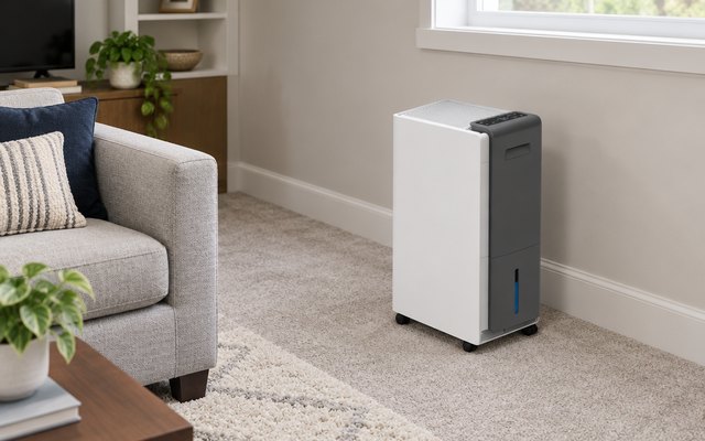 80-pint dehumidifier, standing against the wall of a finished basement family room with carpet and a sofa