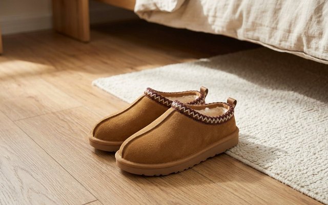Chestnut suede slippers with an embroidered collar and fluffy lining on a wooden floor by a bedroom rug
