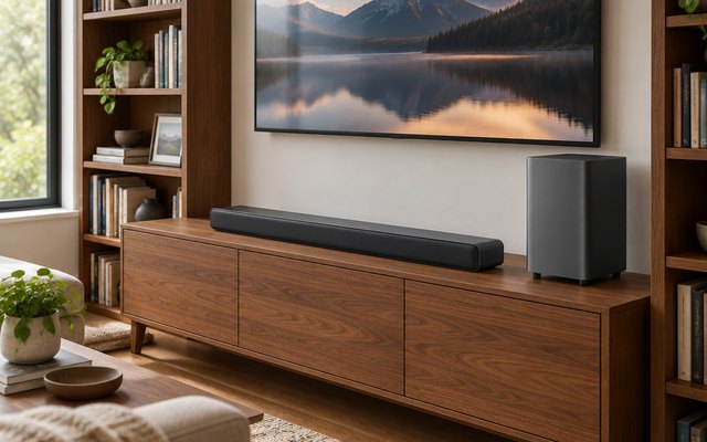 TCL S55H 2.1 Soundbar with Wireless Subwoofer, on a wooden sideboard under a TV in a den with bookshelves
