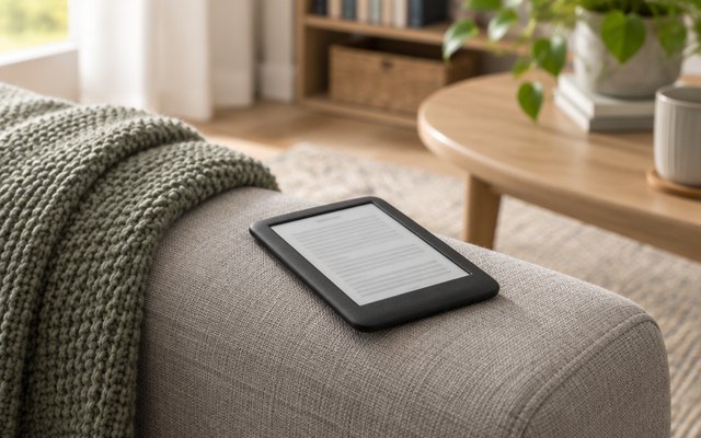 Kobo Clara BW e-reader, resting on the arm of a couch in a living room beside a folded knit throw