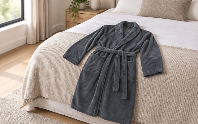 Yurhap plush fleece robe, laid out across the end of a bed in a bedroom
