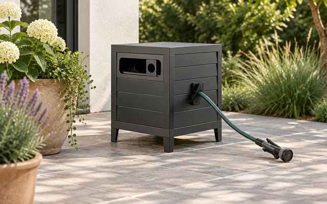 AQUAZILLA steel hose reel box, standing on a stone patio beside potted plants, the hose end and nozzle coming out of the side