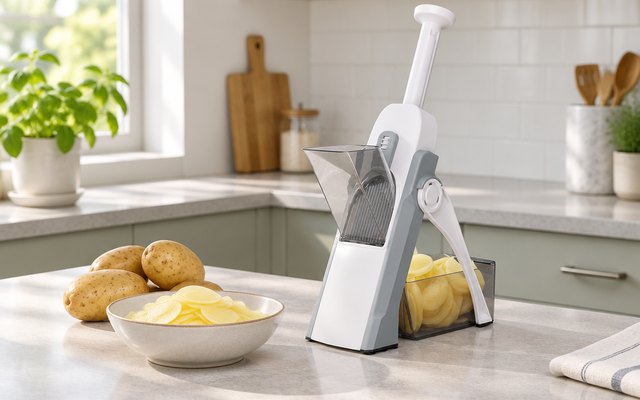 SupMaKin safer mandoline, on a kitchen counter beside a few potatoes and a bowl of slices