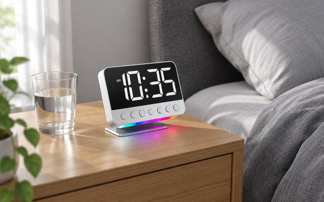 Digital alarm clock with night light, on a bedside table beside a glass of water in a calm bedroom with gray bedding, its display showing the time