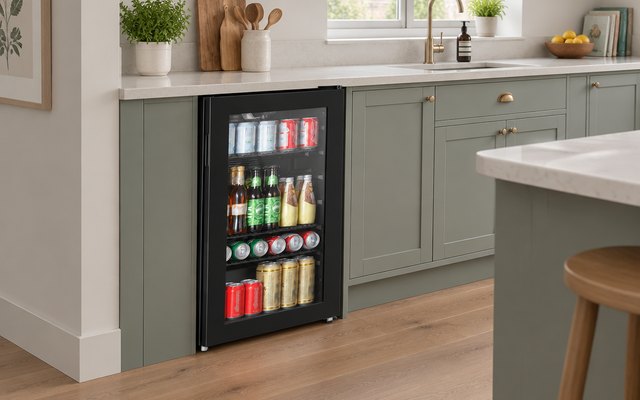COMFEE' 93L drinks fridge, under a kitchen worktop full of bottles