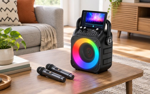 CYY karaoke machine, on a family-room coffee table