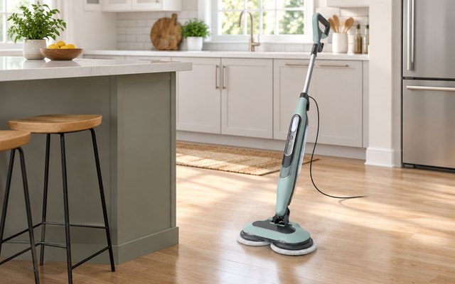 Shark Steam & Scrub steam mop, on a light wood kitchen floor beside a kitchen island