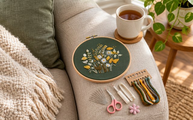 wtisan embroidery kit, on the arm of a sofa beside a mug of tea