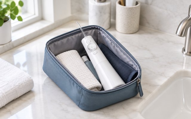 Cordless water flosser in a travel toiletry bag