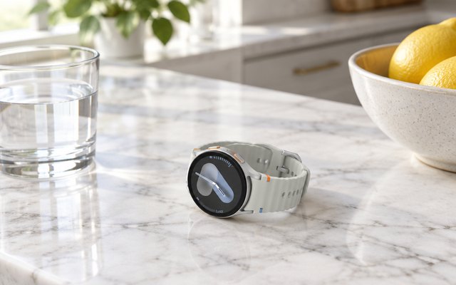 A silver smartwatch with a light gray band on a kitchen counter