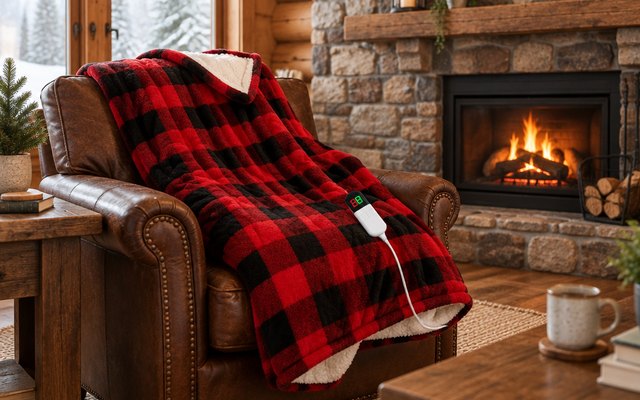 MAXEVE buffalo plaid heated throw, draped over a brown leather armchair in a cabin-style living room with a stone fireplace