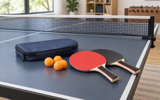 Wooden table tennis bats, balls and case, on a table tennis table in a games room