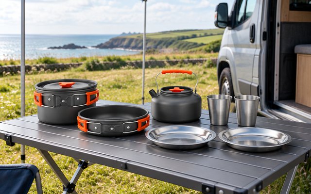 Camping cookware set with pot, pan, kettle and cups, on a table under a camper van awning