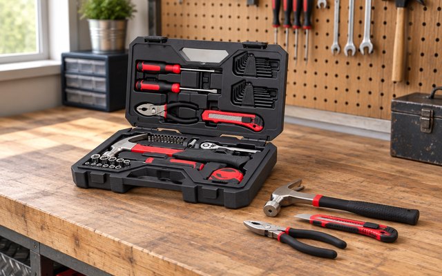 CRAFTSMAN 57-piece tool set, on a garage workbench with a pegboard behind